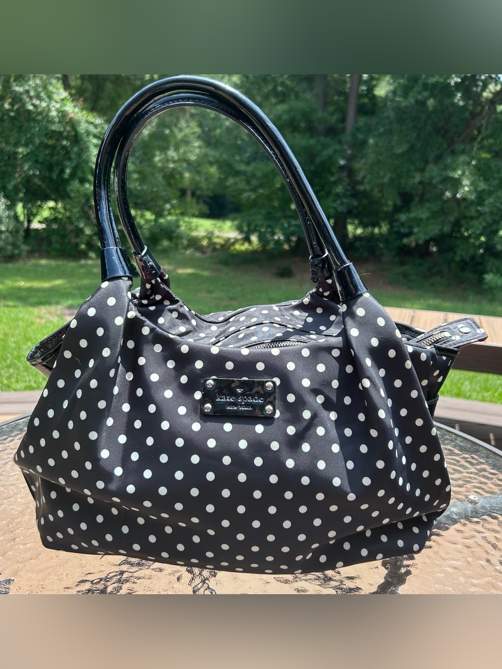 Kate Spade Purse Stevie Patent Leather Handles Black White Polka Dot Red interio